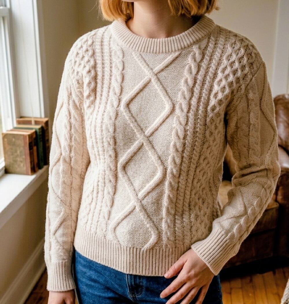 VAMTAC Womens XS Cream Cable Knit Sweater Chunky Diamond Pullover Oversized